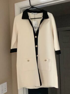 Zara Cream Coat with Black Trim and Collar